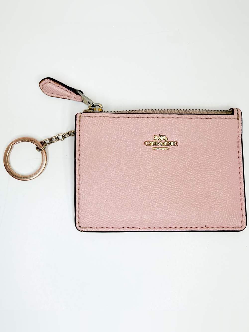 Coach Pale Pink Leather Key & Card Zip Pouch with Gold Hardware